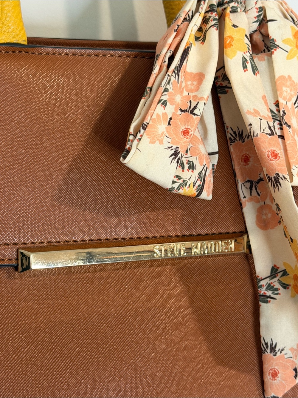 Steve Madden Tan Satchel with Yellow Top Handle and Floral Scarf - Picture 3 of 10